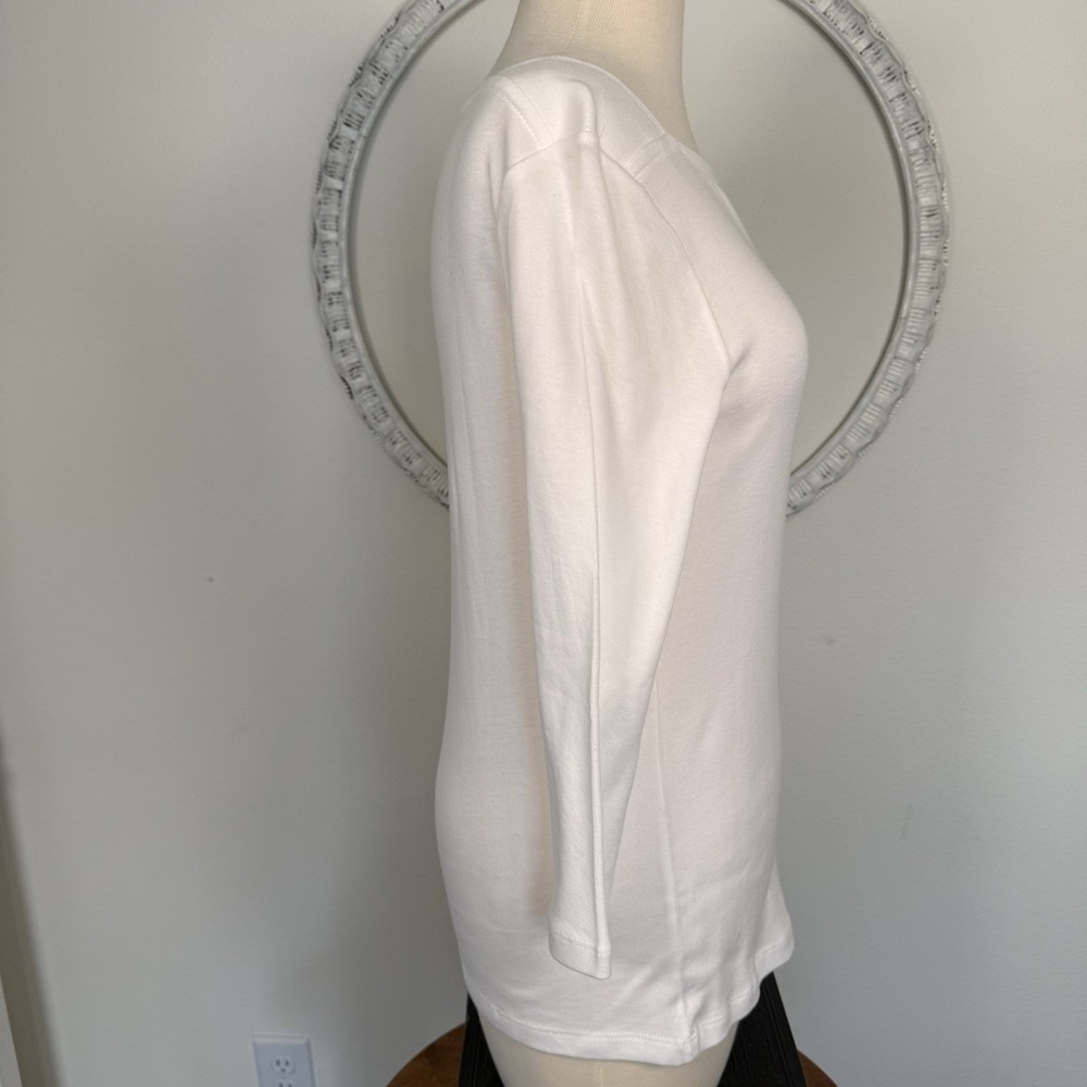 Chico's NWT Womens T Shirt Top 3/4 Sleeve  Button Accent White Bandeau Pima 0 Sm - Picture 8 of 16